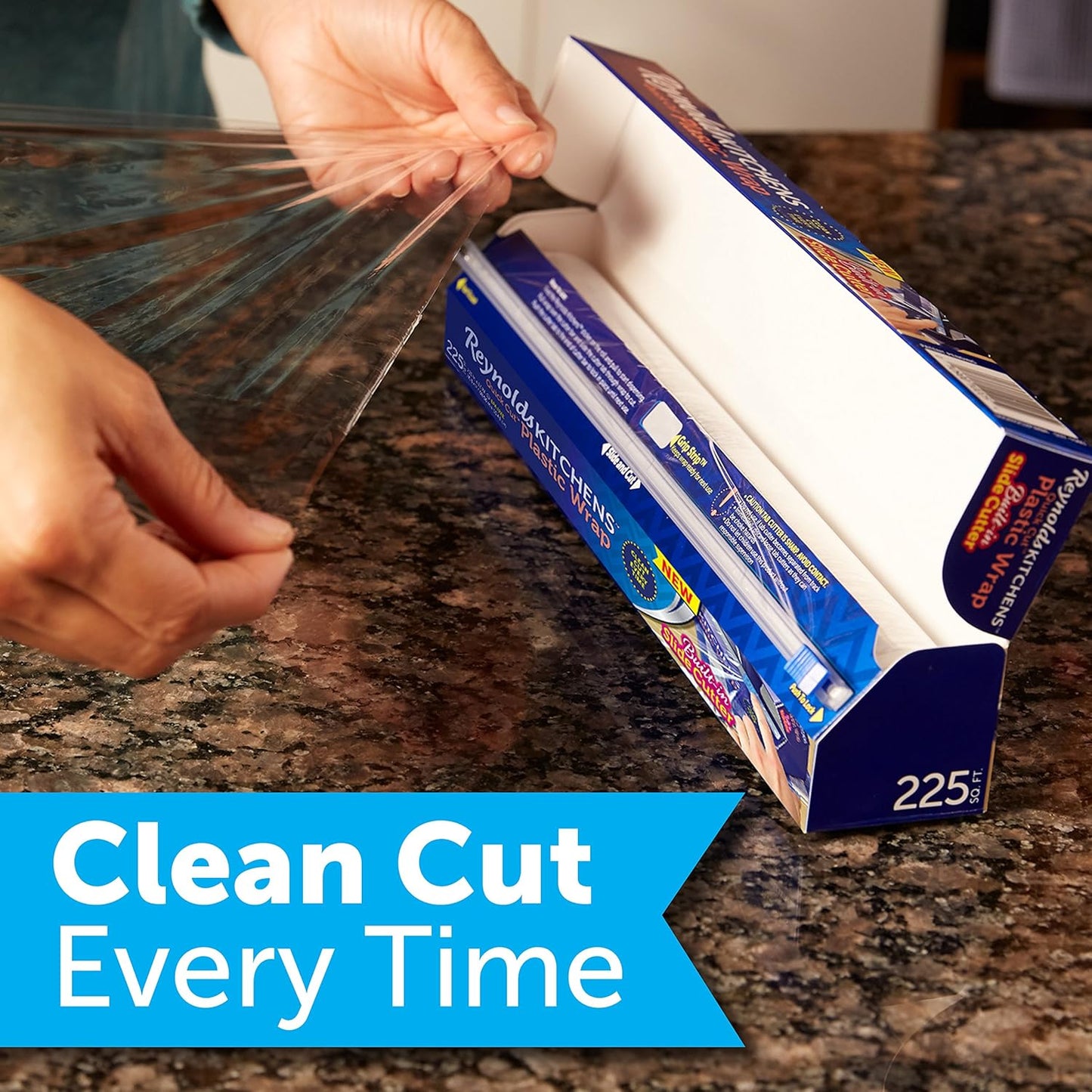 Reynolds Kitchens Clear Plastic Wrap, Built-In Slide Cutter, 225sq ft