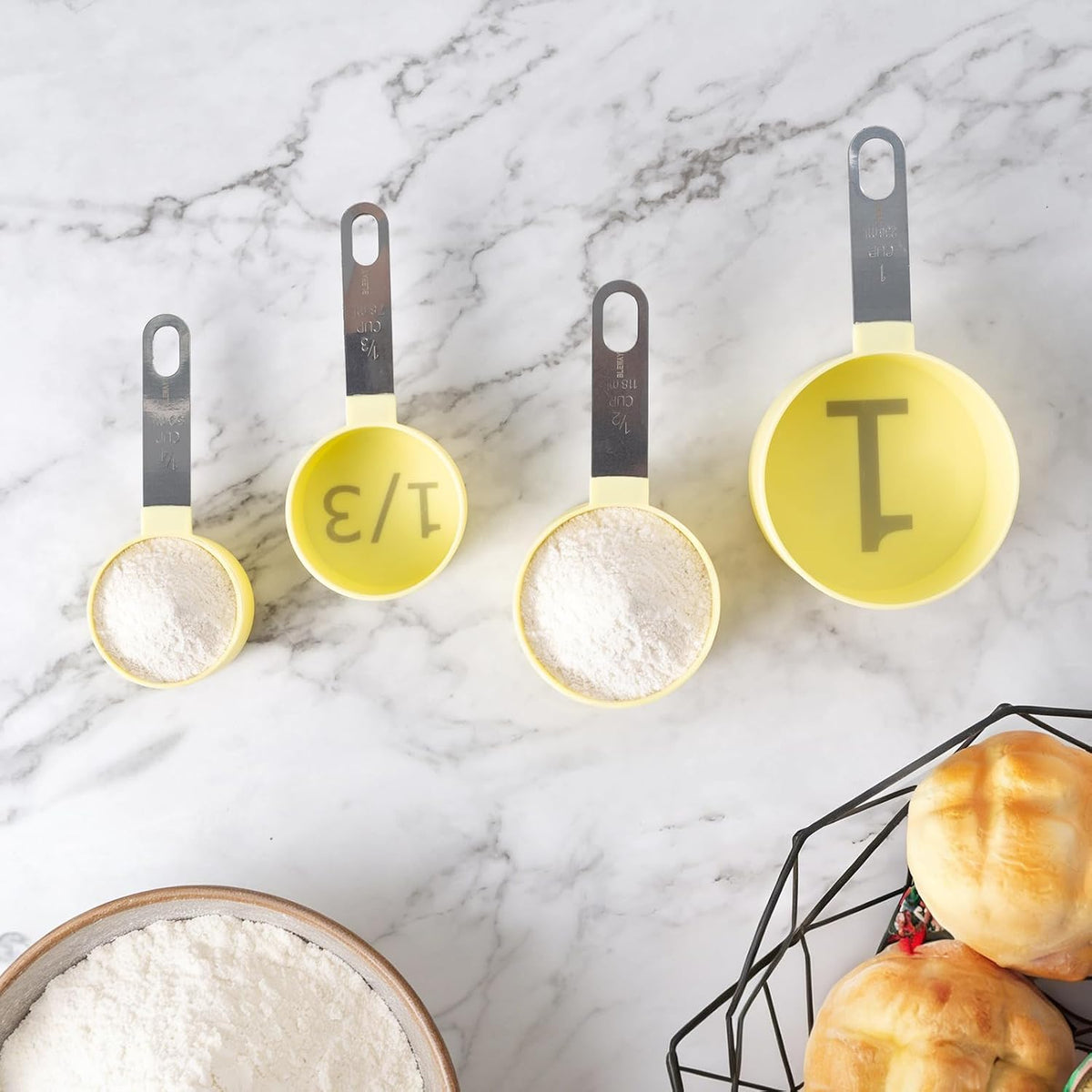 Easy to Read Measuring Cups & Spoons Set for Visually Impaired, Stackable Cups and Spoons, Nesting Measure Cups with Stainless Steel Handle (Yellow)