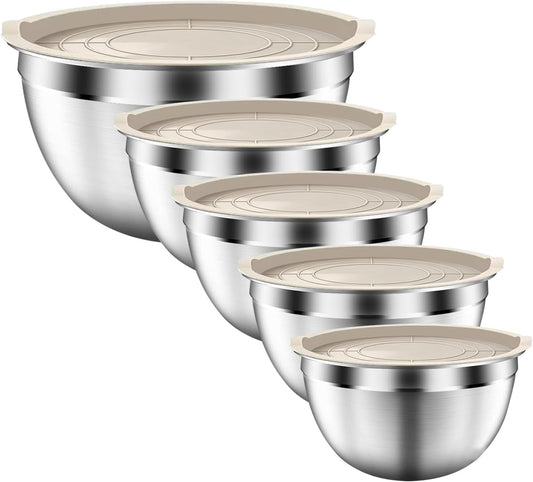Mixing Bowls with Airtight Lids Set, 5 PCS Stainless Steel Khaki | Nesting Storage Bowls for Kitchen, Large Prep Metal Bowl , 5.5/4/3.5/2/1.5 QT for Mixing, Serving & Backing, Dishwasher Safe