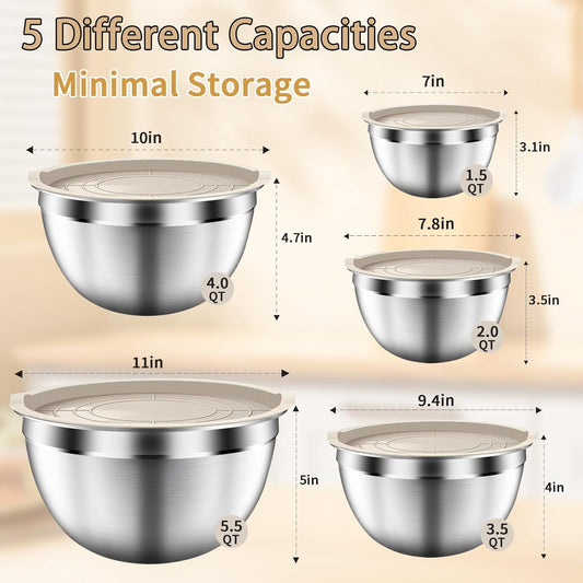 Mixing Bowls with Airtight Lids Set, 5 PCS Stainless Steel Khaki | Nesting Storage Bowls for Kitchen, Large Prep Metal Bowl , 5.5/4/3.5/2/1.5 QT for Mixing, Serving & Backing, Dishwasher Safe