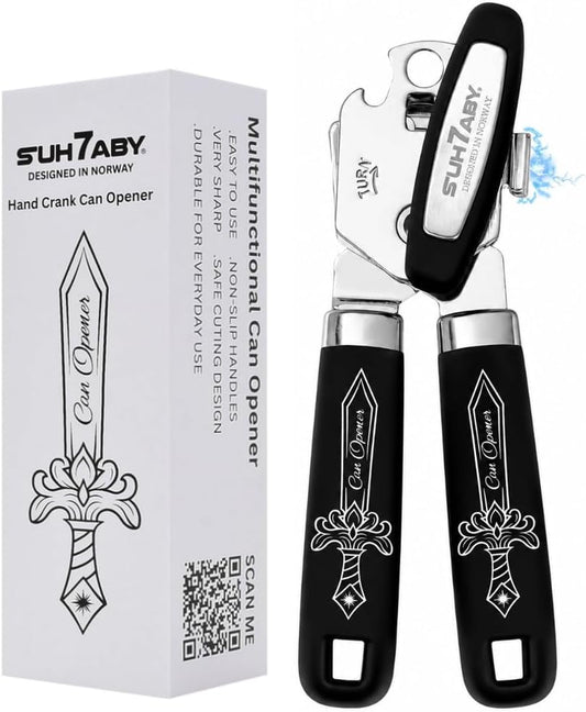 Manual Can Opener with Magnet – Heavy Duty Hand Can & Bottle Opener, Stainless Steel Blade Smooth Edge Cutter, Ergonomic Rubber Grip, Easy Turn Kitchen Tool for Seniors, Arthritis Friendly (Black)