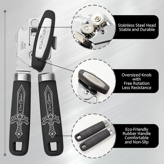 Manual Can Opener with Magnet – Heavy Duty Hand Can & Bottle Opener, Stainless Steel Blade Smooth Edge Cutter, Ergonomic Rubber Grip, Easy Turn Kitchen Tool for Seniors, Arthritis Friendly (Black)