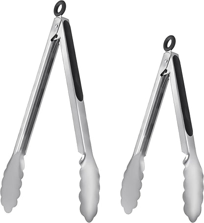 Metal Cooking Tongs,Stainless Steel Food Tong with No-slip Silicon and Locking Ring for Kitchen - 9 &12 inch,Set of 2-Black