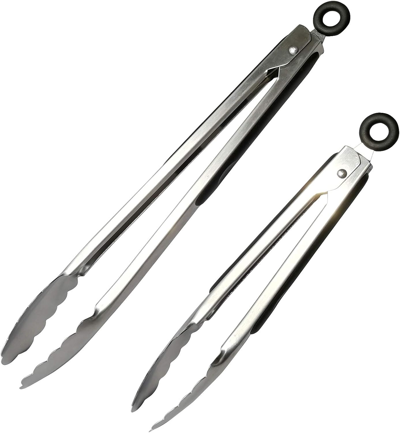 Metal Cooking Tongs,Stainless Steel Food Tong with No-slip Silicon and Locking Ring for Kitchen - 9 &12 inch,Set of 2-Black