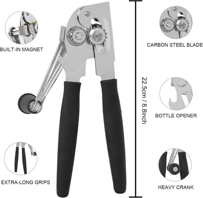 Commercial Can Opener with Magnet, Manual Heavy Duty Folding Hand Crank Can Opener Smooth Edge with Comfortable Long Handles, Fit All Size Cans, Large Cans