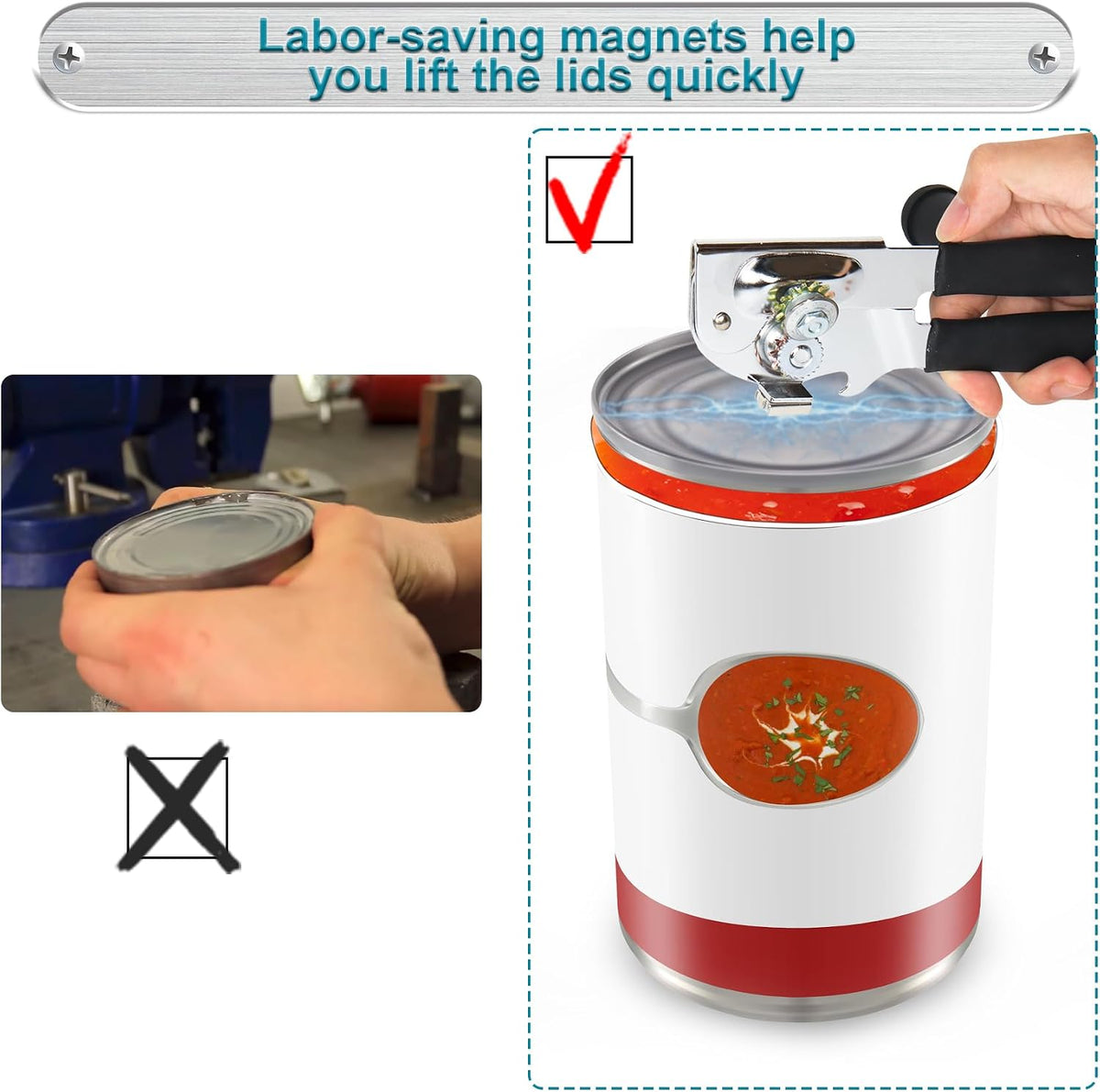 Commercial Can Opener with Magnet, Manual Heavy Duty Folding Hand Crank Can Opener Smooth Edge with Comfortable Long Handles, Fit All Size Cans, Large Cans