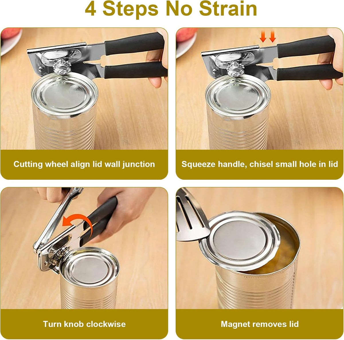 Commercial Can Opener with Magnet, Manual Heavy Duty Folding Hand Crank Can Opener Smooth Edge with Comfortable Long Handles, Fit All Size Cans, Large Cans