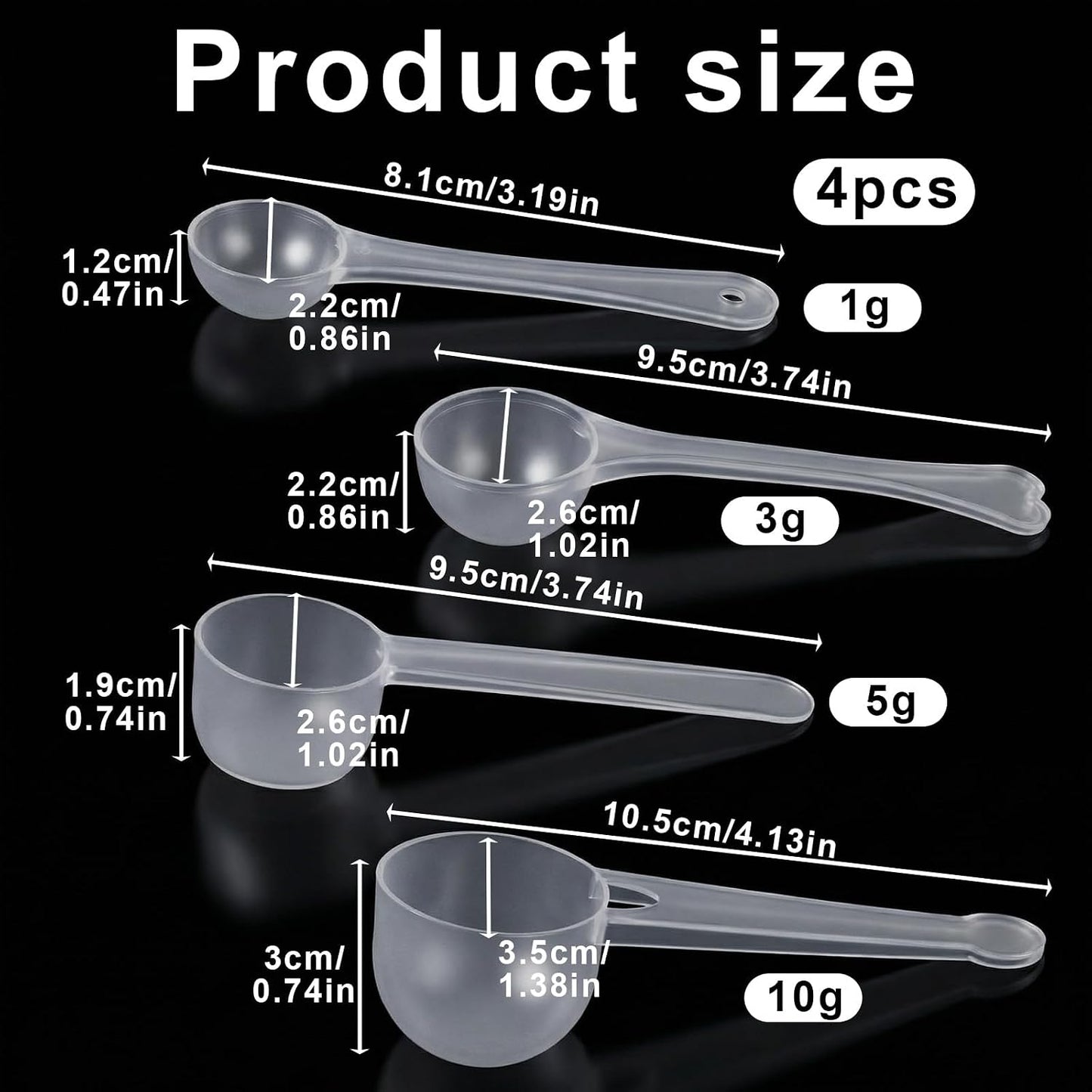 4 Pcs Measuring Spoons Set, Clear Long Handle Plastic Measuring Spoons Coffee Protein Milk Powder Scoops Spoon Kitchen Tools for Creatine Protein Formula Gram Measurings Scooper (1g/3g/5g/10g)