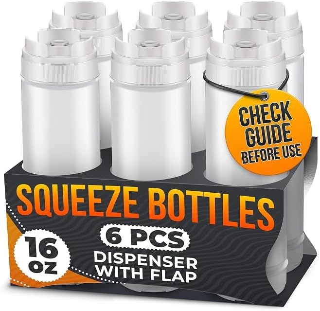 6 Pcs Condiment Squeeze Bottles for Sauces, 16 Oz, Self-Closing