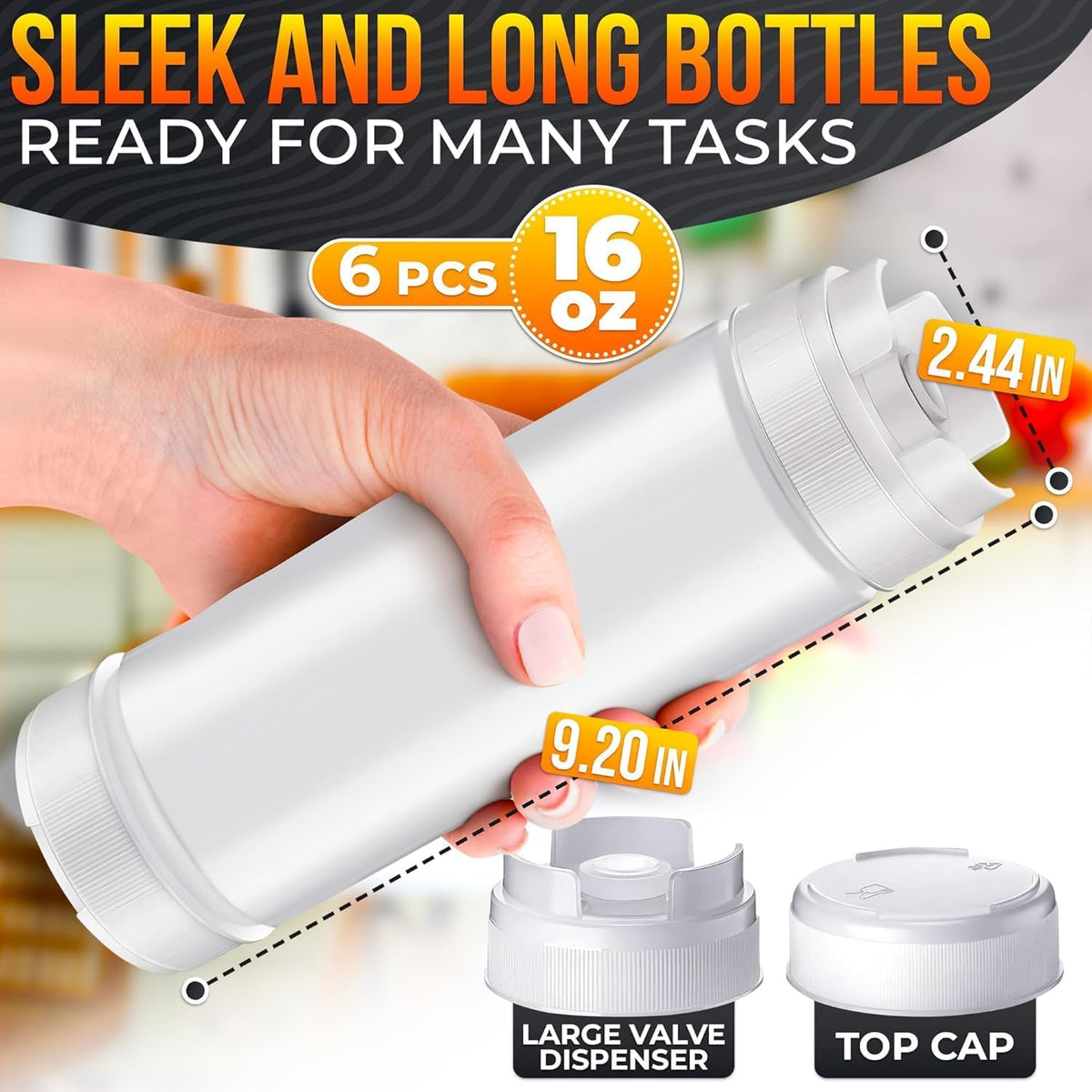 6 Pcs Condiment Squeeze Bottles for Sauces, 16 Oz, Self-Closing