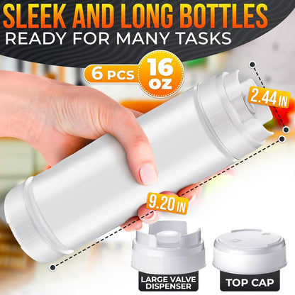 6 Pcs Condiment Squeeze Bottles for Sauces, 16 Oz, Self-Closing