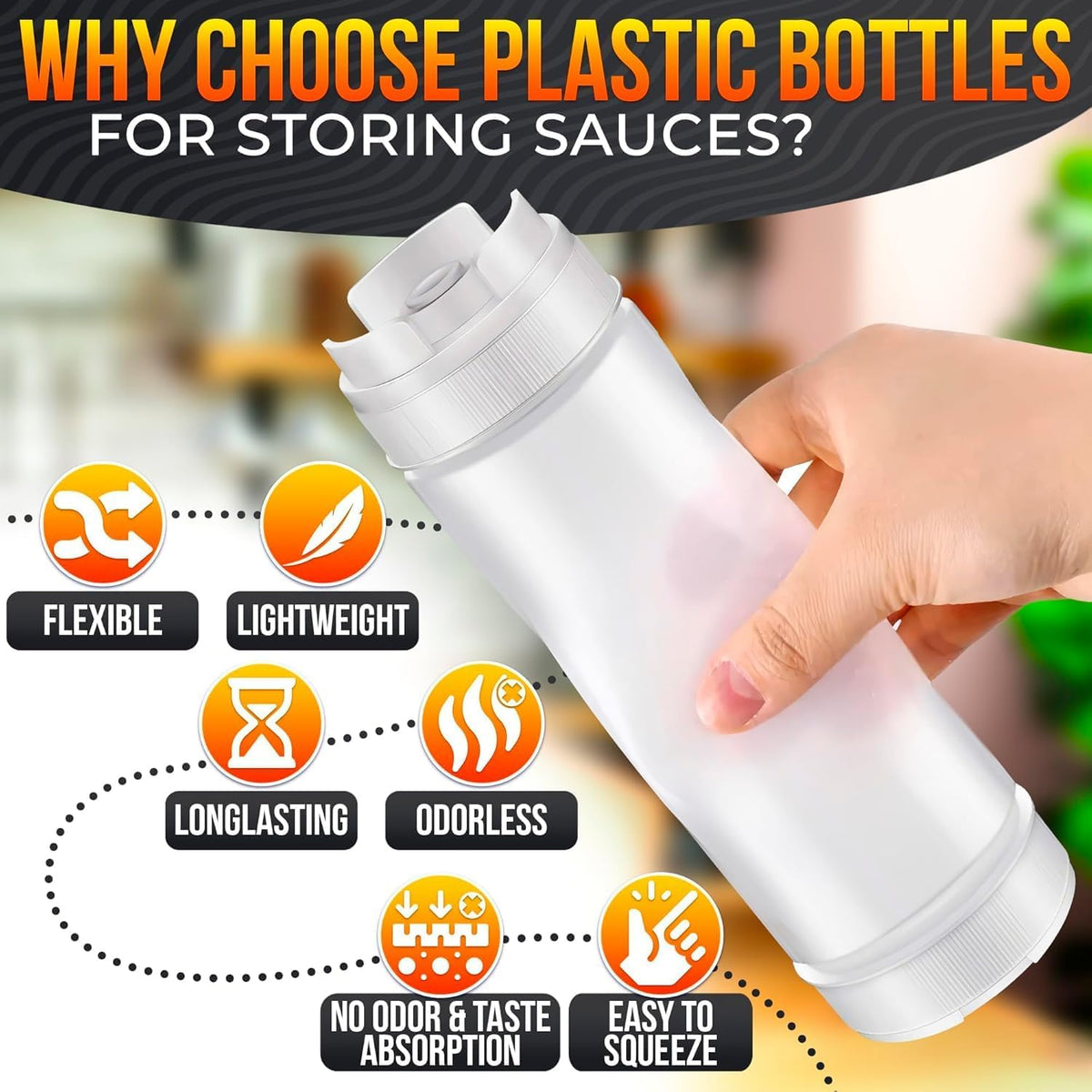 6 Pcs Condiment Squeeze Bottles for Sauces, 16 Oz, Self-Closing