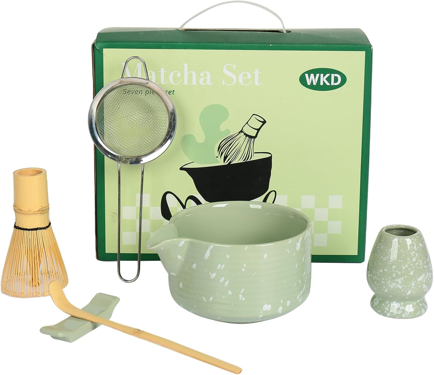 Matcha Whisk Set, Ceramic Matcha Set Includes Matcha Bowl with Spout, Whisk & Holder, Bamboo Scoop, Stainless Sifter, Towel, Matcha Kit Making Tools,Light Green,7 PCS