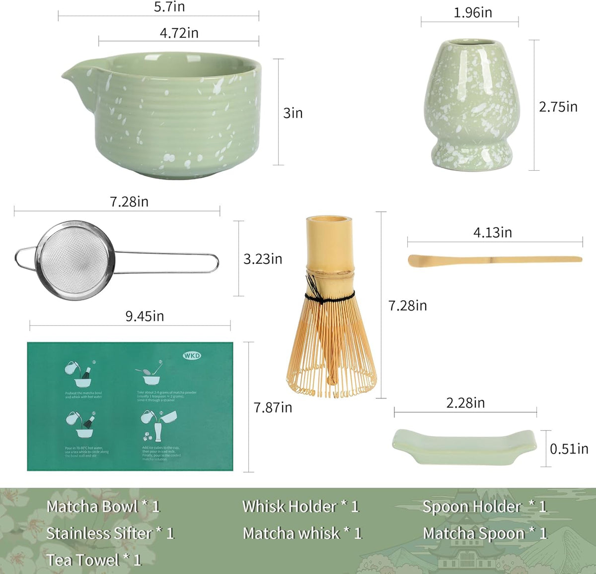 Matcha Whisk Set, Ceramic Matcha Set Includes Matcha Bowl with Spout, Whisk & Holder, Bamboo Scoop, Stainless Sifter, Towel, Matcha Kit Making Tools,Light Green,7 PCS