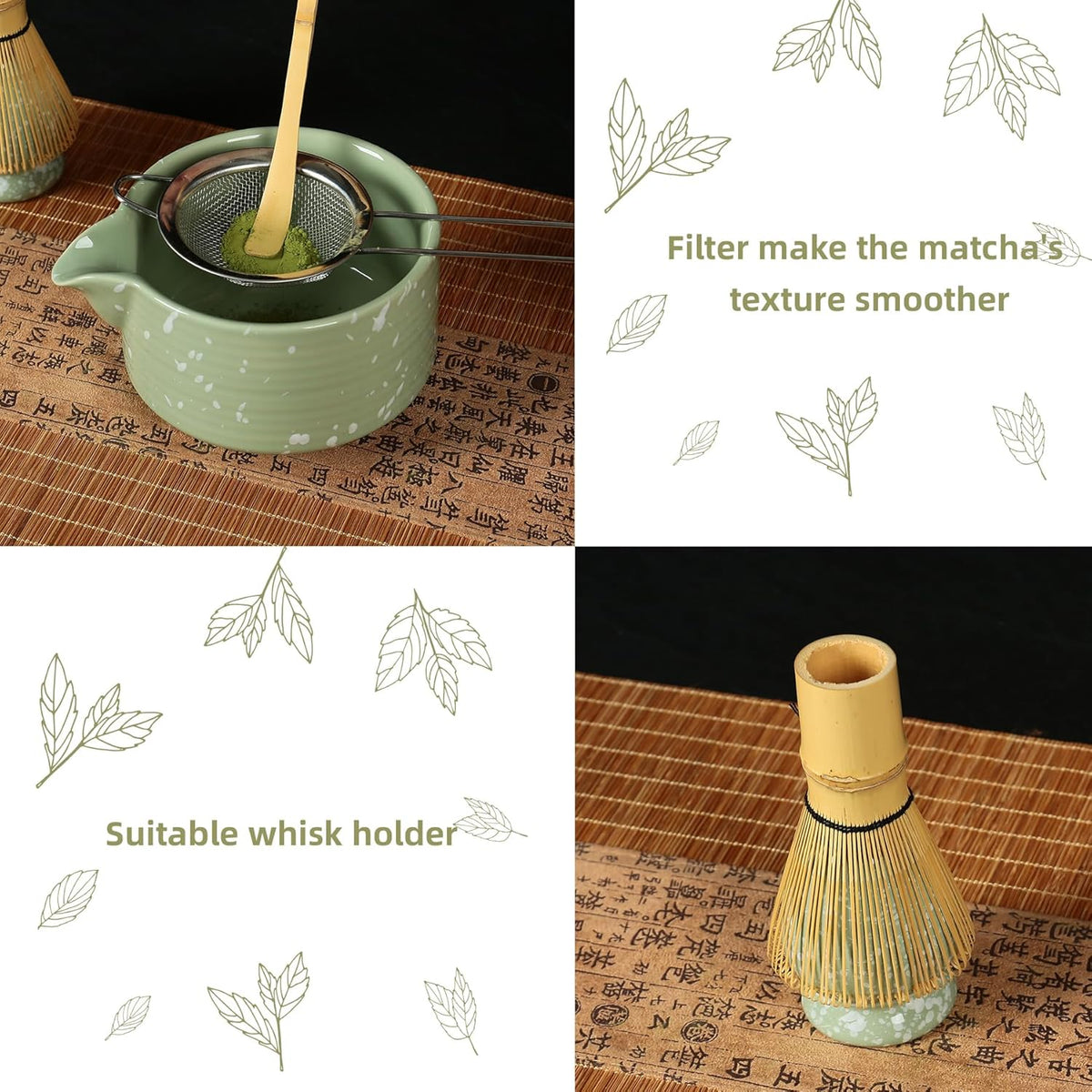 Matcha Whisk Set, Ceramic Matcha Set Includes Matcha Bowl with Spout, Whisk & Holder, Bamboo Scoop, Stainless Sifter, Towel, Matcha Kit Making Tools,Light Green,7 PCS