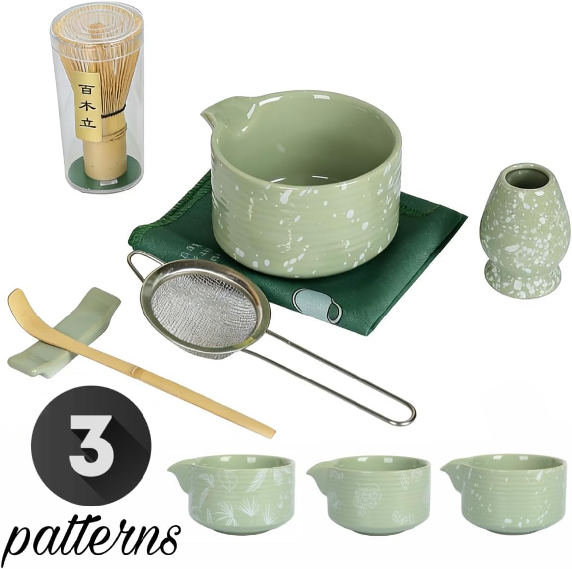 Matcha Whisk Set, Ceramic Matcha Set Includes Matcha Bowl with Spout, Whisk & Holder, Bamboo Scoop, Stainless Sifter, Towel, Matcha Kit Making Tools,Light Green,7 PCS