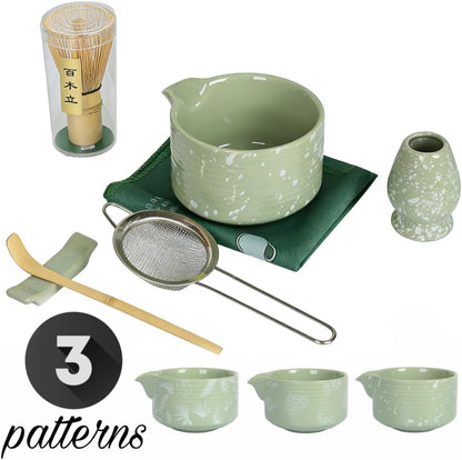 Matcha Whisk Set, Ceramic Matcha Set Includes Matcha Bowl with Spout, Whisk & Holder, Bamboo Scoop, Stainless Sifter, Towel, Matcha Kit Making Tools,Light Green,7 PCS