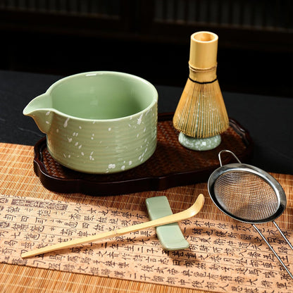 Matcha Whisk Set, Ceramic Matcha Set Includes Matcha Bowl with Spout, Whisk & Holder, Bamboo Scoop, Stainless Sifter, Towel, Matcha Kit Making Tools,Light Green,7 PCS
