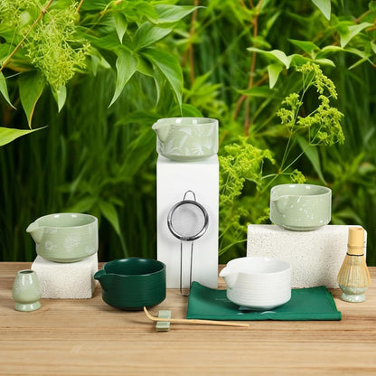 Matcha Whisk Set, Ceramic Matcha Set Includes Matcha Bowl with Spout, Whisk & Holder, Bamboo Scoop, Stainless Sifter, Towel, Matcha Kit Making Tools,Light Green,7 PCS