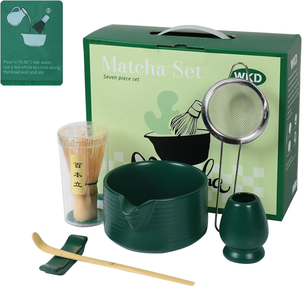 Matcha Whisk Set, Ceramic Matcha Set Includes Matcha Bowl with Spout, Whisk & Holder, Bamboo Scoop, Stainless Sifter, Towel, Matcha Kit Making Tools,Light Green,7 PCS