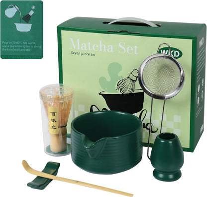 Matcha Whisk Set, Ceramic Matcha Set Includes Matcha Bowl with Spout, Whisk & Holder, Bamboo Scoop, Stainless Sifter, Towel, Matcha Kit Making Tools,Light Green,7 PCS