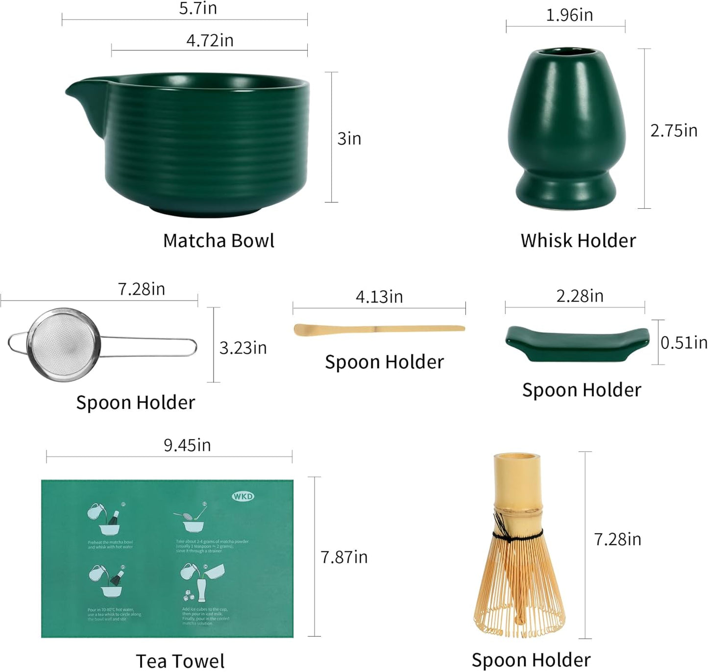 Matcha Whisk Set, Ceramic Matcha Set Includes Matcha Bowl with Spout, Whisk & Holder, Bamboo Scoop, Stainless Sifter, Towel, Matcha Kit Making Tools,Light Green,7 PCS