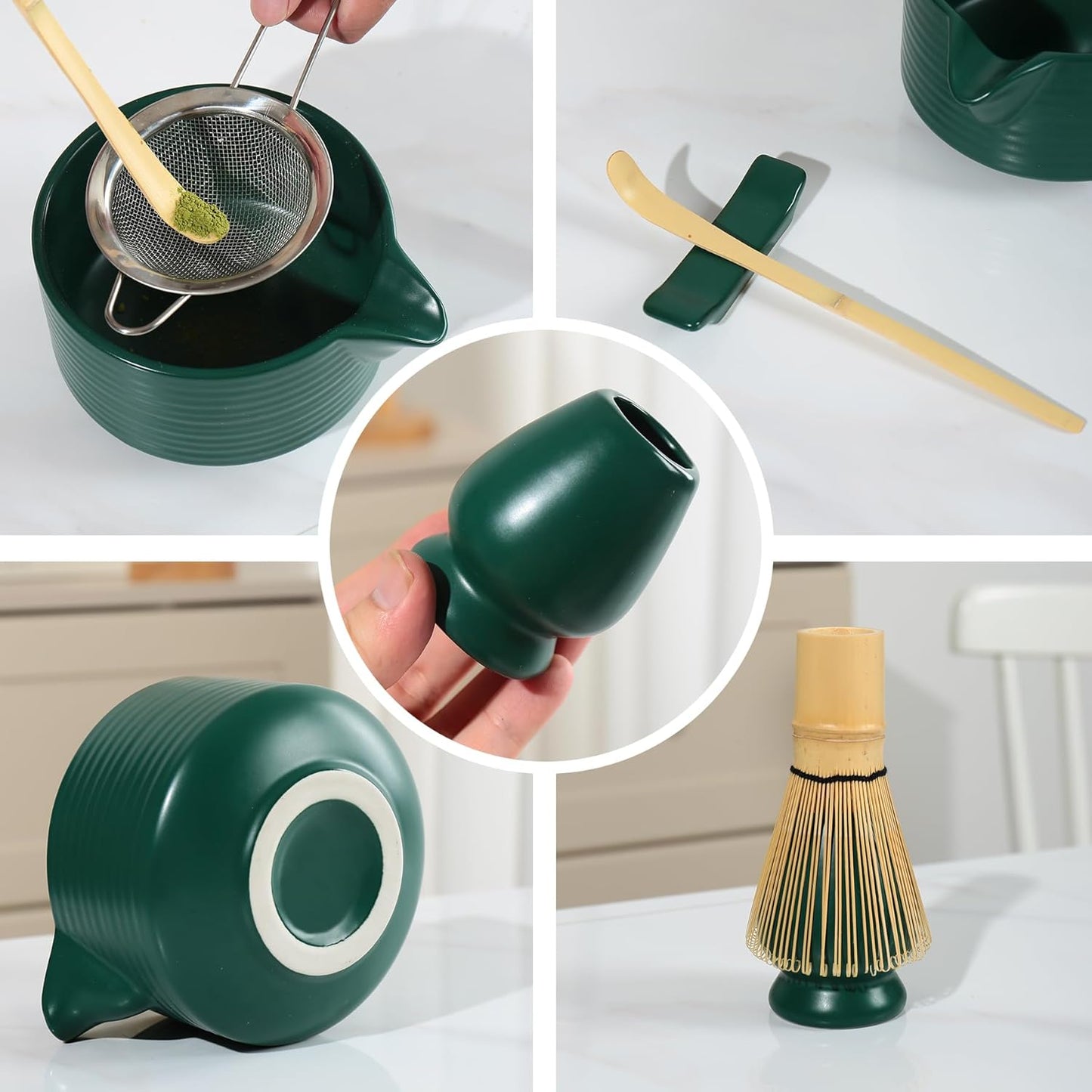 Matcha Whisk Set, Ceramic Matcha Set Includes Matcha Bowl with Spout, Whisk & Holder, Bamboo Scoop, Stainless Sifter, Towel, Matcha Kit Making Tools,Light Green,7 PCS