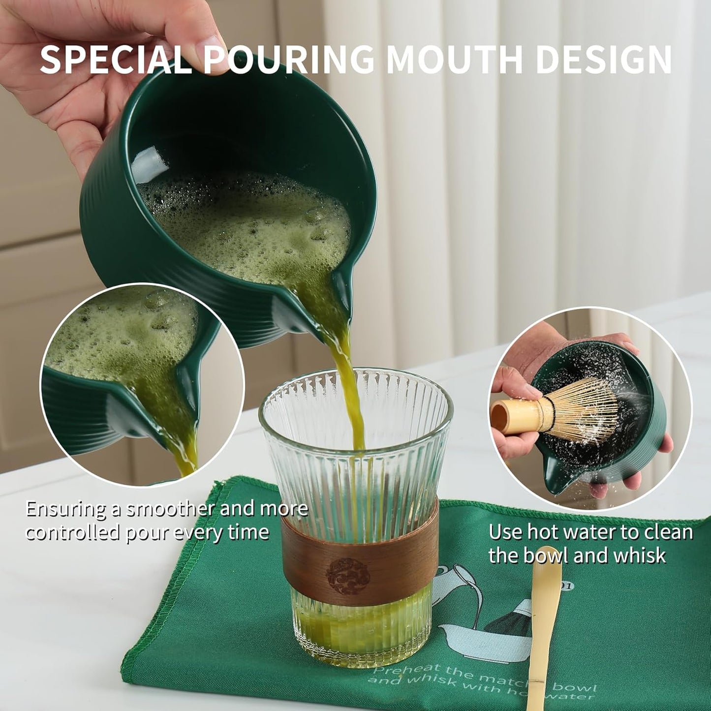 Matcha Whisk Set, Ceramic Matcha Set Includes Matcha Bowl with Spout, Whisk & Holder, Bamboo Scoop, Stainless Sifter, Towel, Matcha Kit Making Tools,Light Green,7 PCS