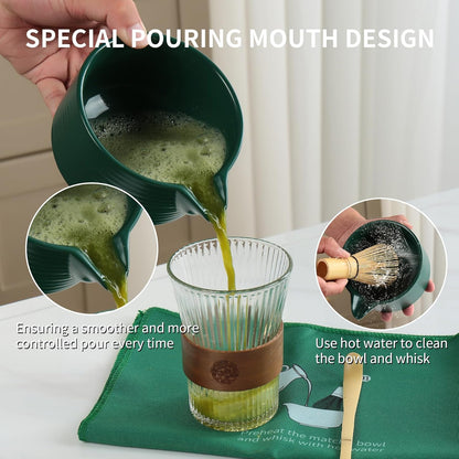 Matcha Whisk Set, Ceramic Matcha Set Includes Matcha Bowl with Spout, Whisk & Holder, Bamboo Scoop, Stainless Sifter, Towel, Matcha Kit Making Tools,Light Green,7 PCS