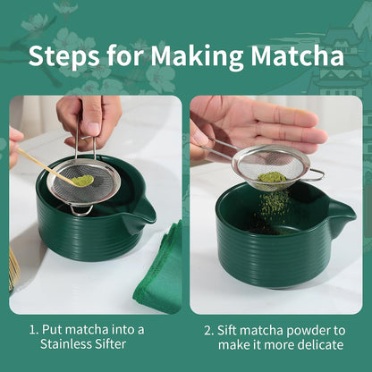 Matcha Whisk Set, Ceramic Matcha Set Includes Matcha Bowl with Spout, Whisk & Holder, Bamboo Scoop, Stainless Sifter, Towel, Matcha Kit Making Tools,Light Green,7 PCS