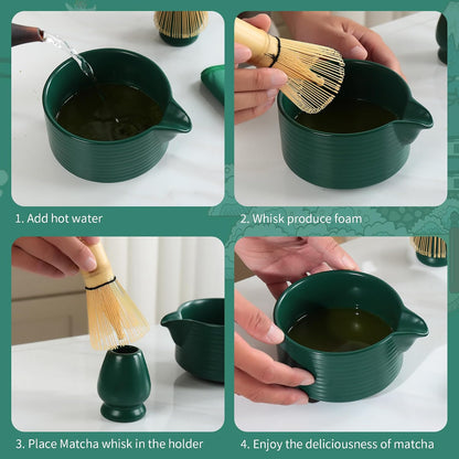 Matcha Whisk Set, Ceramic Matcha Set Includes Matcha Bowl with Spout, Whisk & Holder, Bamboo Scoop, Stainless Sifter, Towel, Matcha Kit Making Tools,Light Green,7 PCS