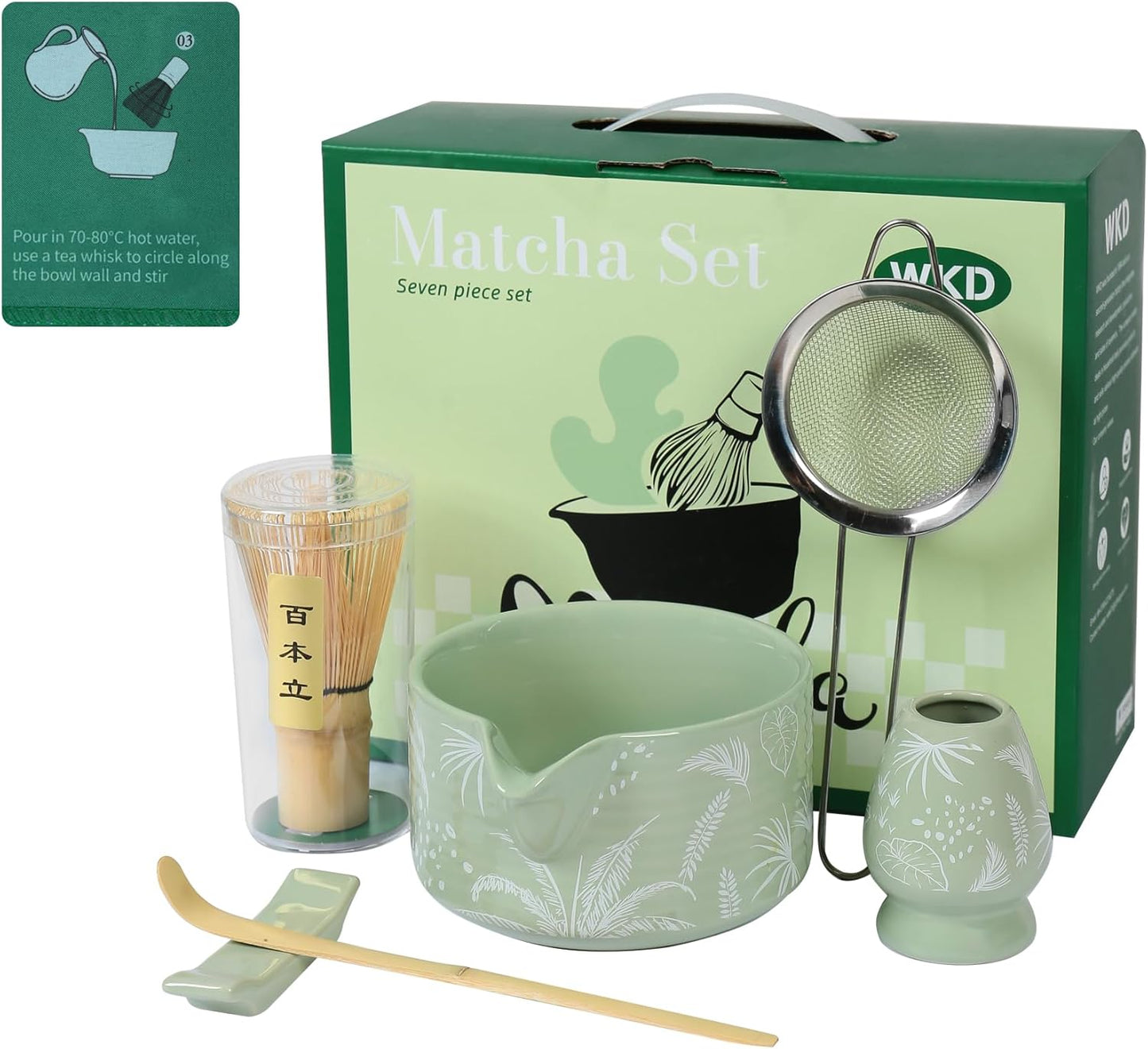 Matcha Whisk Set, Ceramic Matcha Set Includes Matcha Bowl with Spout, Whisk & Holder, Bamboo Scoop, Stainless Sifter, Towel, Matcha Kit Making Tools,Light Green,7 PCS