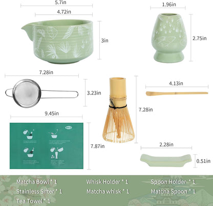 Matcha Whisk Set, Ceramic Matcha Set Includes Matcha Bowl with Spout, Whisk & Holder, Bamboo Scoop, Stainless Sifter, Towel, Matcha Kit Making Tools,Light Green,7 PCS