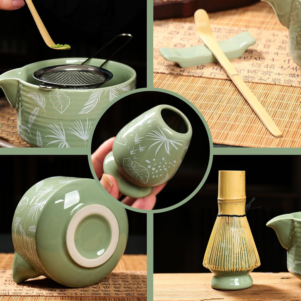 Matcha Whisk Set, Ceramic Matcha Set Includes Matcha Bowl with Spout, Whisk & Holder, Bamboo Scoop, Stainless Sifter, Towel, Matcha Kit Making Tools,Light Green,7 PCS