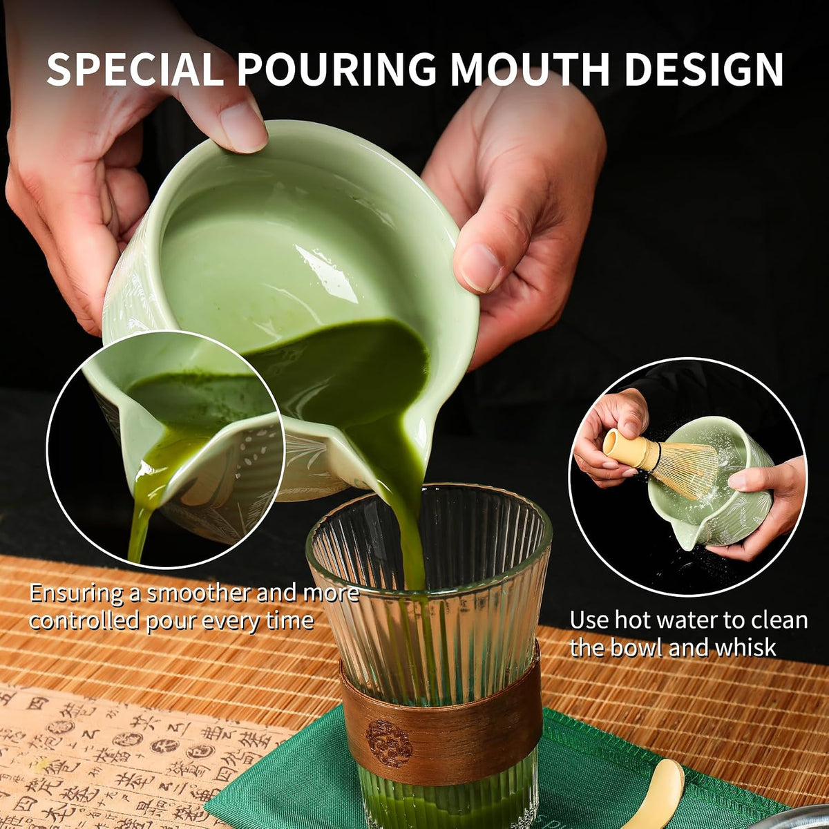 Matcha Whisk Set, Ceramic Matcha Set Includes Matcha Bowl with Spout, Whisk & Holder, Bamboo Scoop, Stainless Sifter, Towel, Matcha Kit Making Tools,Light Green,7 PCS
