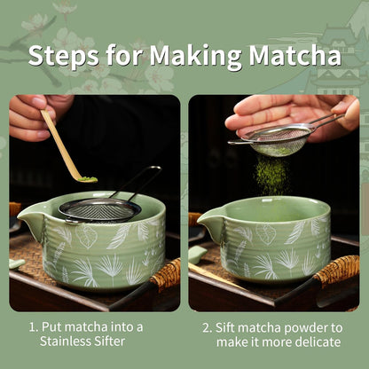 Matcha Whisk Set, Ceramic Matcha Set Includes Matcha Bowl with Spout, Whisk & Holder, Bamboo Scoop, Stainless Sifter, Towel, Matcha Kit Making Tools,Light Green,7 PCS