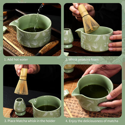 Matcha Whisk Set, Ceramic Matcha Set Includes Matcha Bowl with Spout, Whisk & Holder, Bamboo Scoop, Stainless Sifter, Towel, Matcha Kit Making Tools,Light Green,7 PCS