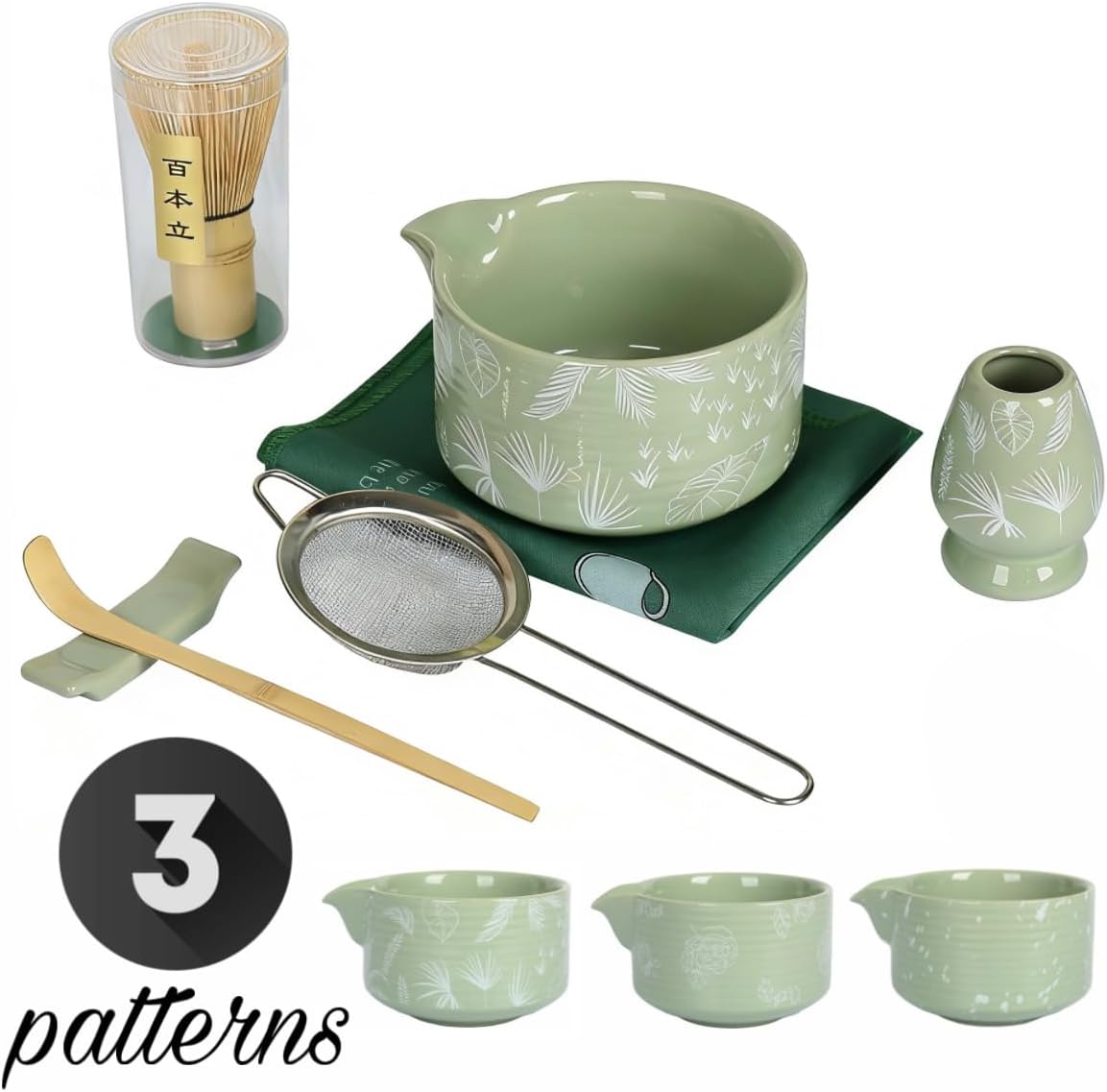 Matcha Whisk Set, Ceramic Matcha Set Includes Matcha Bowl with Spout, Whisk & Holder, Bamboo Scoop, Stainless Sifter, Towel, Matcha Kit Making Tools,Light Green,7 PCS