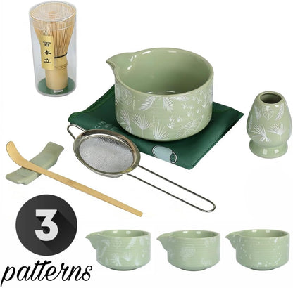 Matcha Whisk Set, Ceramic Matcha Set Includes Matcha Bowl with Spout, Whisk & Holder, Bamboo Scoop, Stainless Sifter, Towel, Matcha Kit Making Tools,Light Green,7 PCS