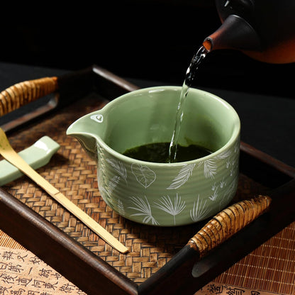 Matcha Whisk Set, Ceramic Matcha Set Includes Matcha Bowl with Spout, Whisk & Holder, Bamboo Scoop, Stainless Sifter, Towel, Matcha Kit Making Tools,Light Green,7 PCS