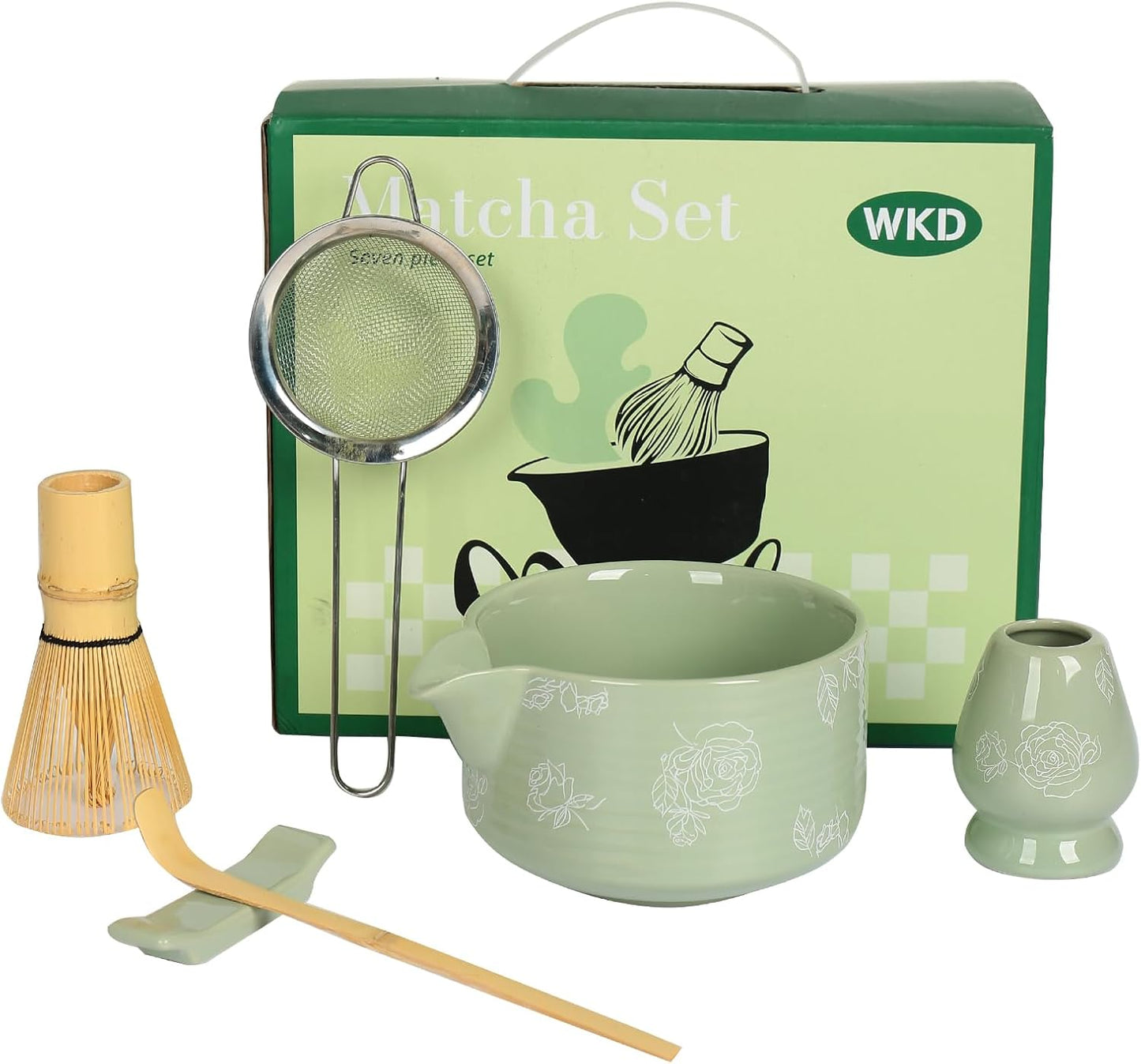 Matcha Whisk Set, Ceramic Matcha Set Includes Matcha Bowl with Spout, Whisk & Holder, Bamboo Scoop, Stainless Sifter, Towel, Matcha Kit Making Tools,Light Green,7 PCS
