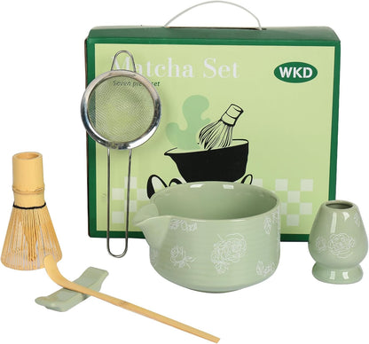 Matcha Whisk Set, Ceramic Matcha Set Includes Matcha Bowl with Spout, Whisk & Holder, Bamboo Scoop, Stainless Sifter, Towel, Matcha Kit Making Tools,Light Green,7 PCS