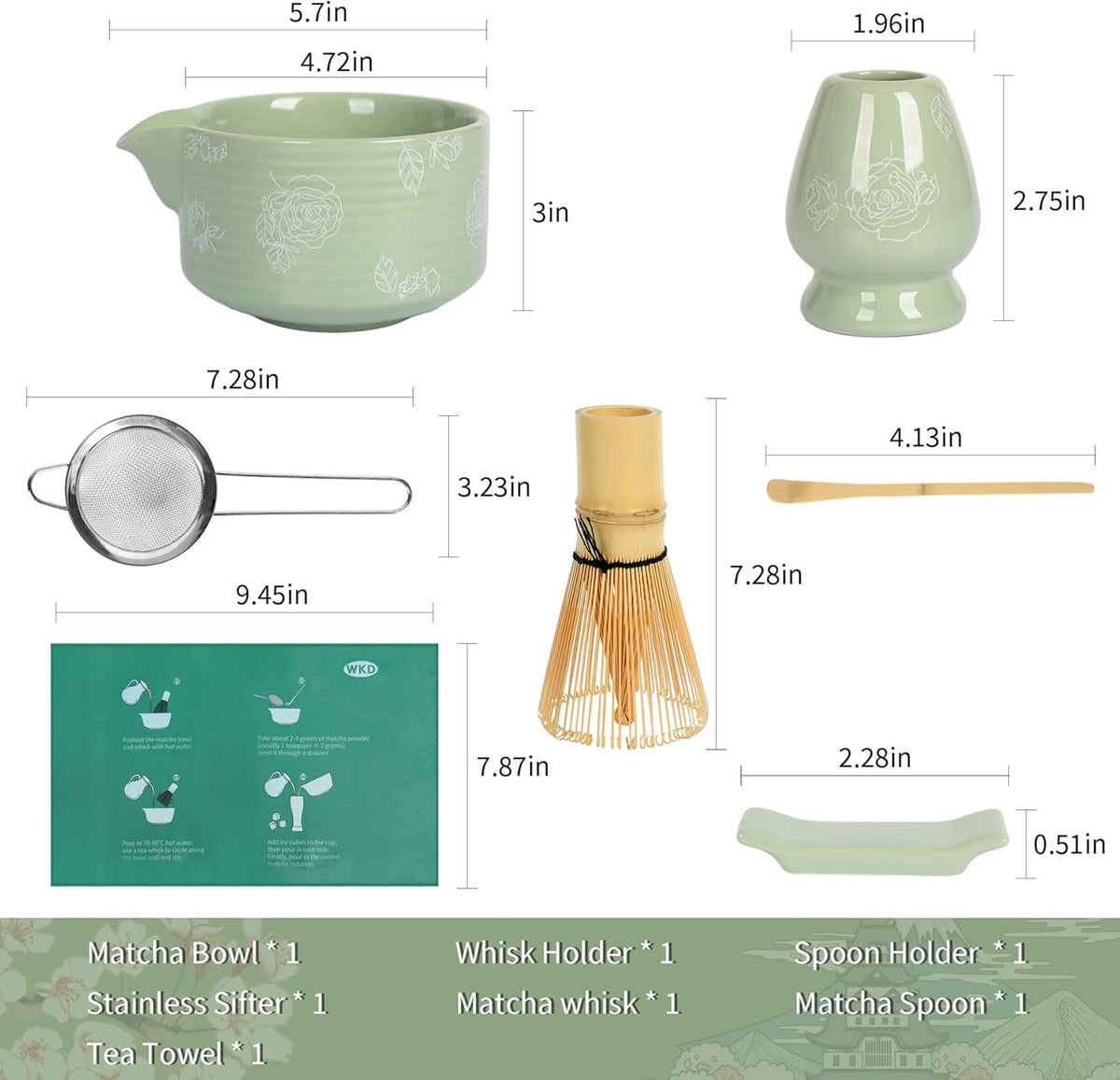 Matcha Whisk Set, Ceramic Matcha Set Includes Matcha Bowl with Spout, Whisk & Holder, Bamboo Scoop, Stainless Sifter, Towel, Matcha Kit Making Tools,Light Green,7 PCS