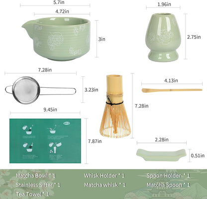 Matcha Whisk Set, Ceramic Matcha Set Includes Matcha Bowl with Spout, Whisk & Holder, Bamboo Scoop, Stainless Sifter, Towel, Matcha Kit Making Tools,Light Green,7 PCS