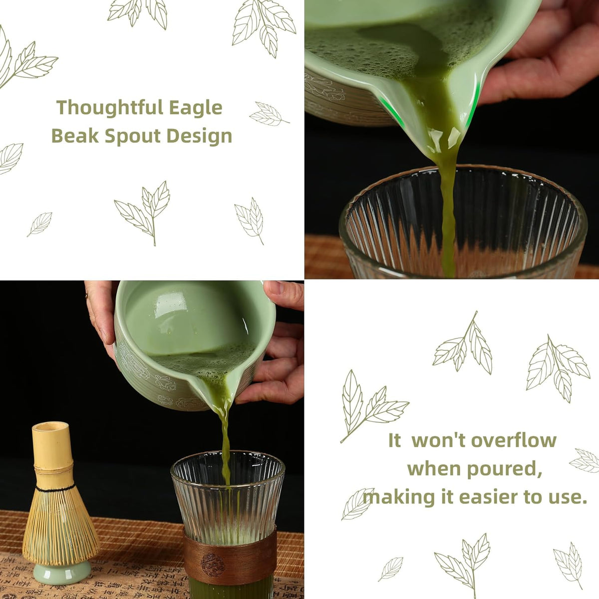 Matcha Whisk Set, Ceramic Matcha Set Includes Matcha Bowl with Spout, Whisk & Holder, Bamboo Scoop, Stainless Sifter, Towel, Matcha Kit Making Tools,Light Green,7 PCS