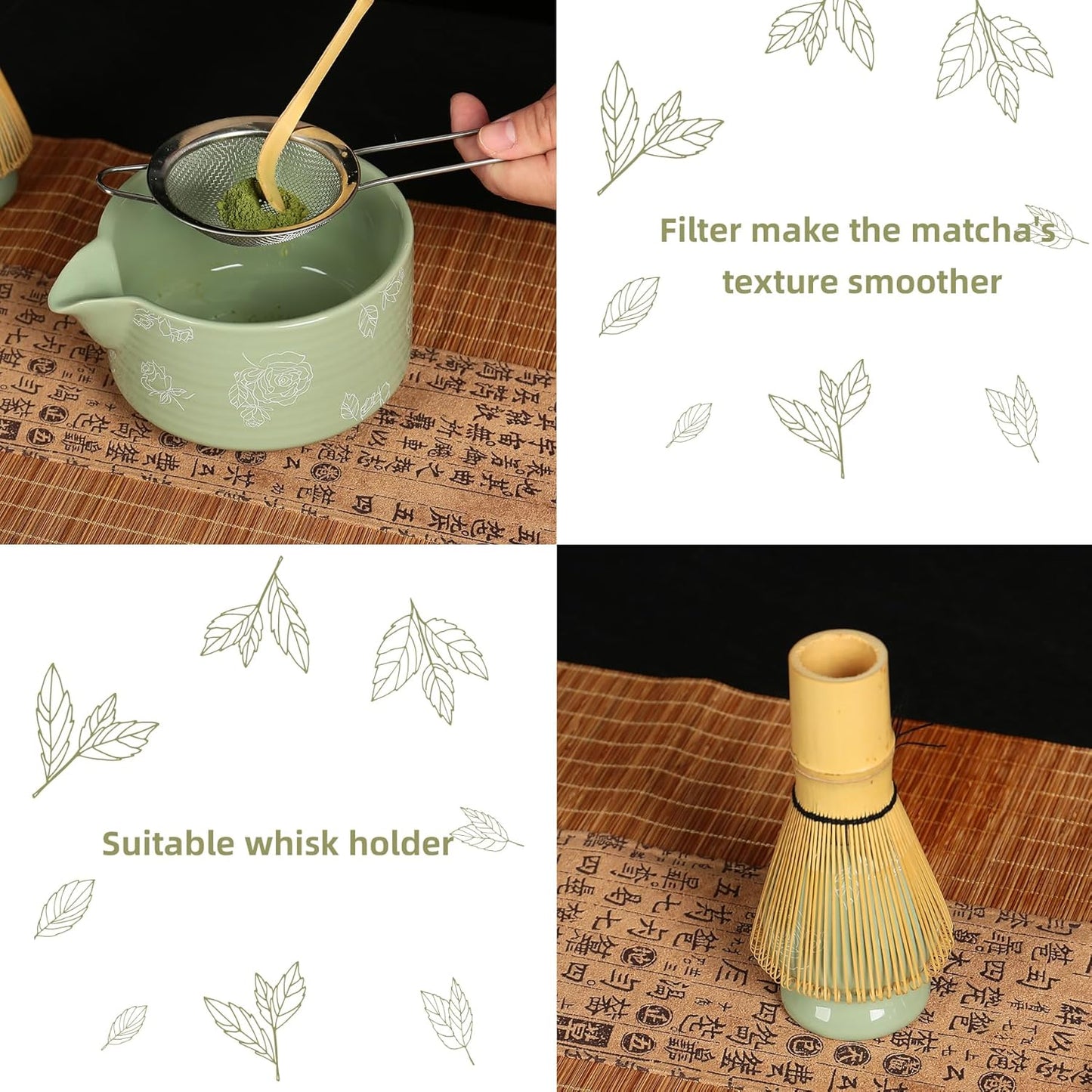 Matcha Whisk Set, Ceramic Matcha Set Includes Matcha Bowl with Spout, Whisk & Holder, Bamboo Scoop, Stainless Sifter, Towel, Matcha Kit Making Tools,Light Green,7 PCS