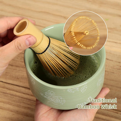 Matcha Whisk Set, Ceramic Matcha Set Includes Matcha Bowl with Spout, Whisk & Holder, Bamboo Scoop, Stainless Sifter, Towel, Matcha Kit Making Tools,Light Green,7 PCS