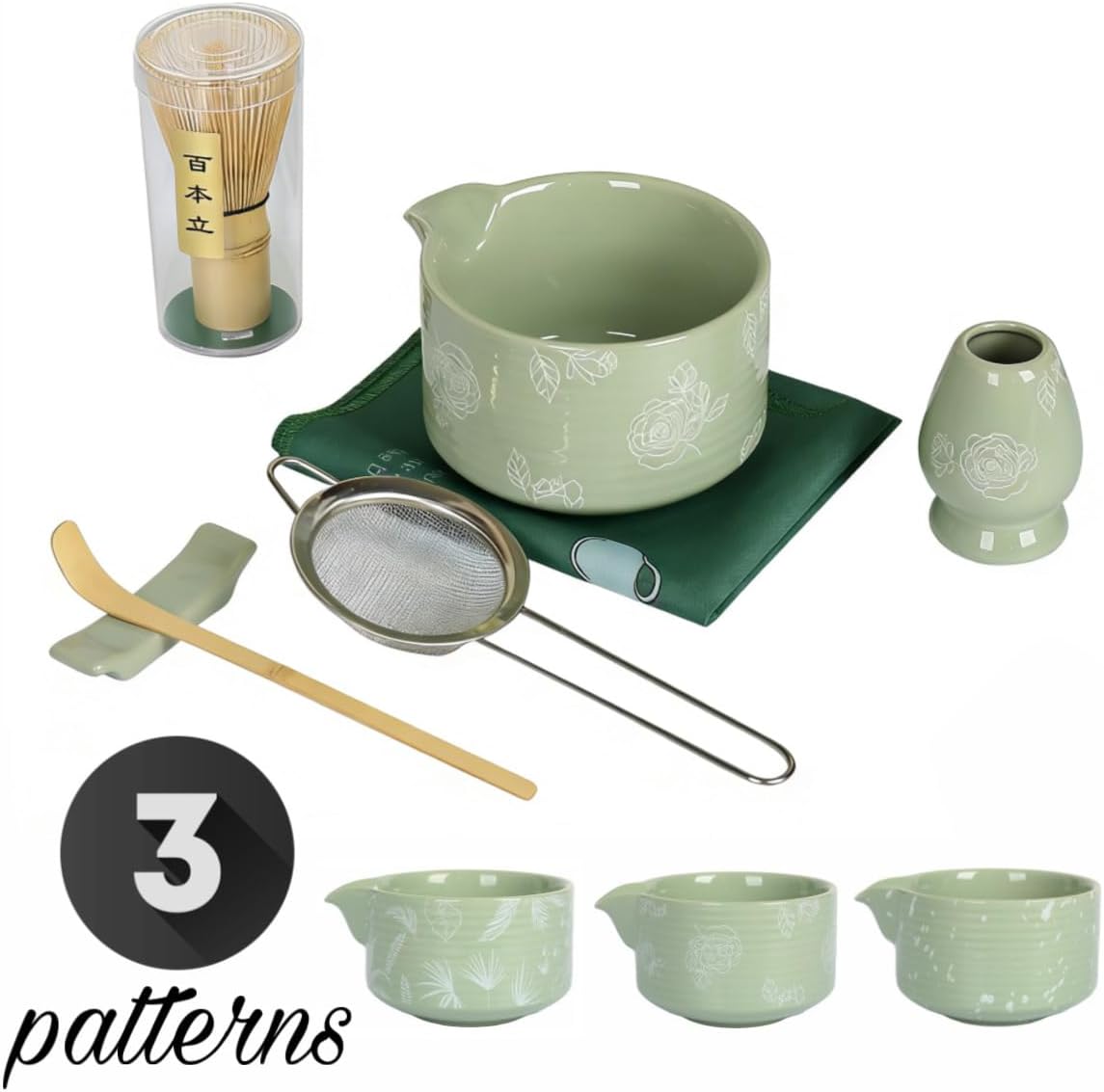 Matcha Whisk Set, Ceramic Matcha Set Includes Matcha Bowl with Spout, Whisk & Holder, Bamboo Scoop, Stainless Sifter, Towel, Matcha Kit Making Tools,Light Green,7 PCS