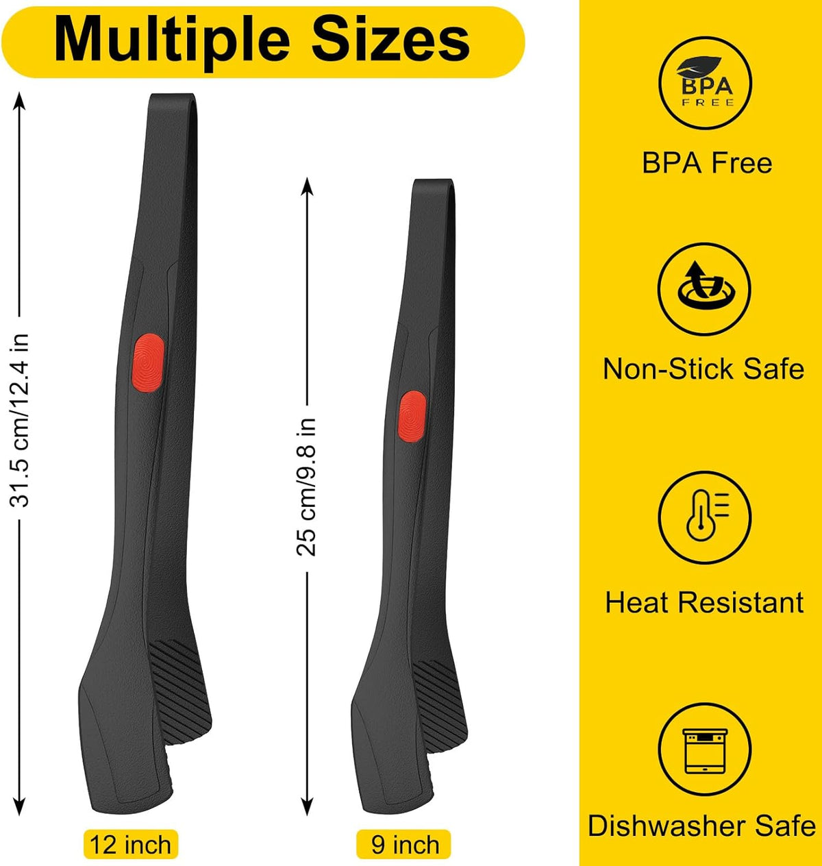 Silicone Kitchen Tongs for Cooking, 9" & 12", Heat Resistant, Black | BPA-Free Silicone Tip, Non-Stick Safe, Stainless Steel Core, Food Tongs for Cooking, Serving and Grilling, Dishwasher Safe