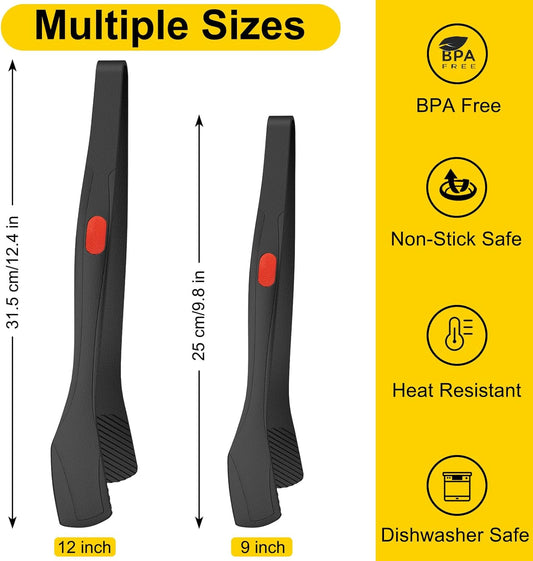 Silicone Kitchen Tongs for Cooking, 9" & 12", Heat Resistant, Black | BPA-Free Silicone Tip, Non-Stick Safe, Stainless Steel Core, Food Tongs for Cooking, Serving and Grilling, Dishwasher Safe